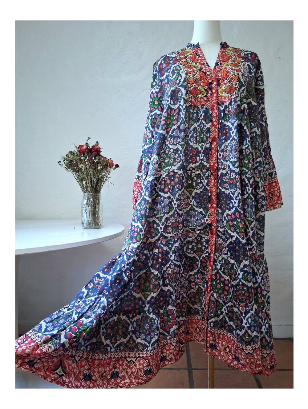 Positano by Jean Paul Beaded Boho Floral Maxi Kaftan Dress L / XL